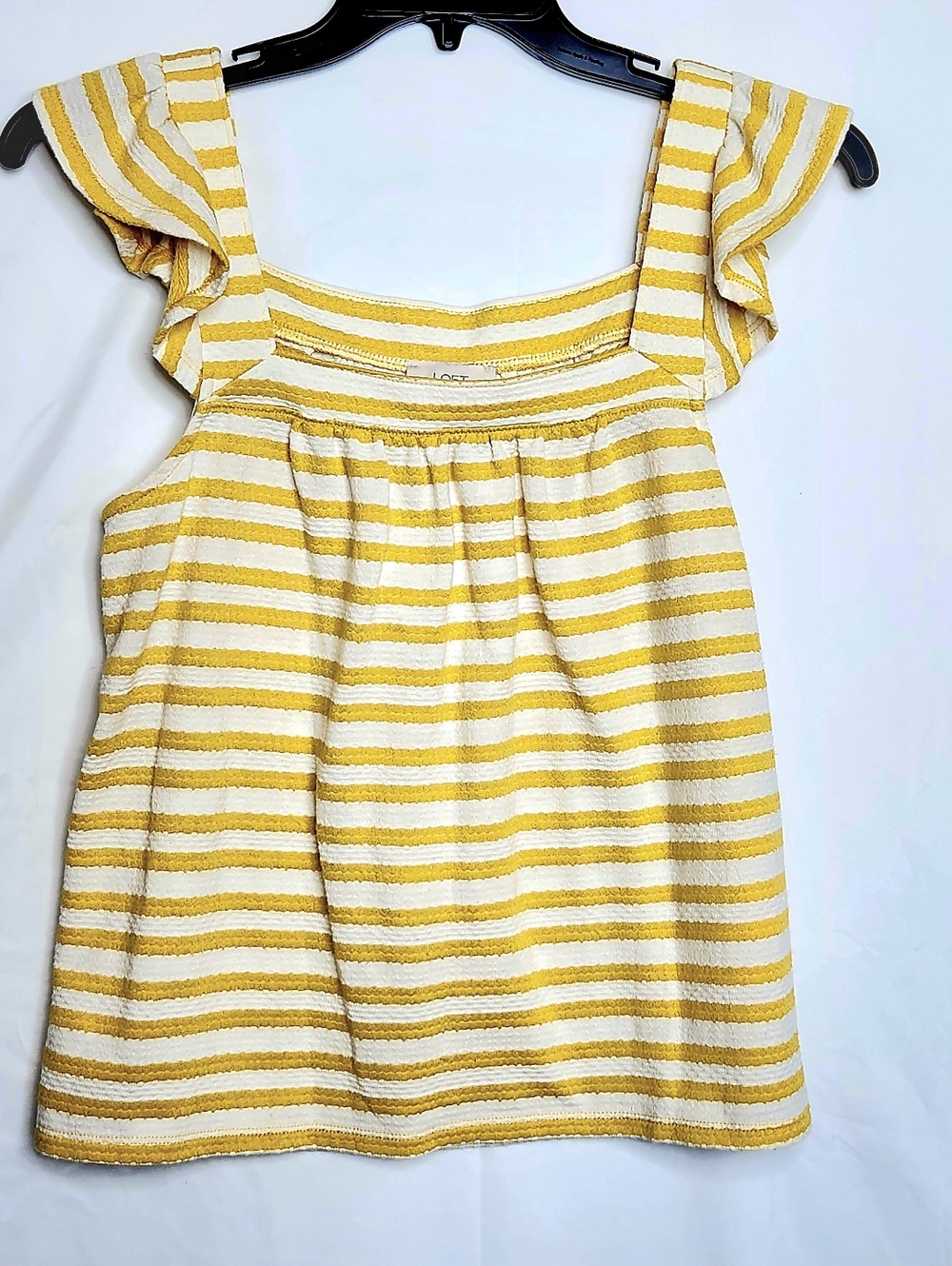 Loft Yellow & White Striped Ruffle Strap Top